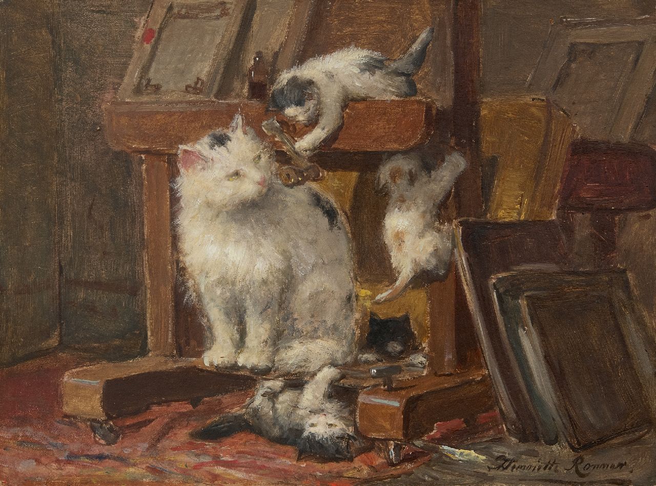 Ronner-Knip H.  | Henriette Ronner-Knip, Mother cat with kittens in the studio, oil on paper laid down on panel 28.1 x 37.1 cm, signed l.r.