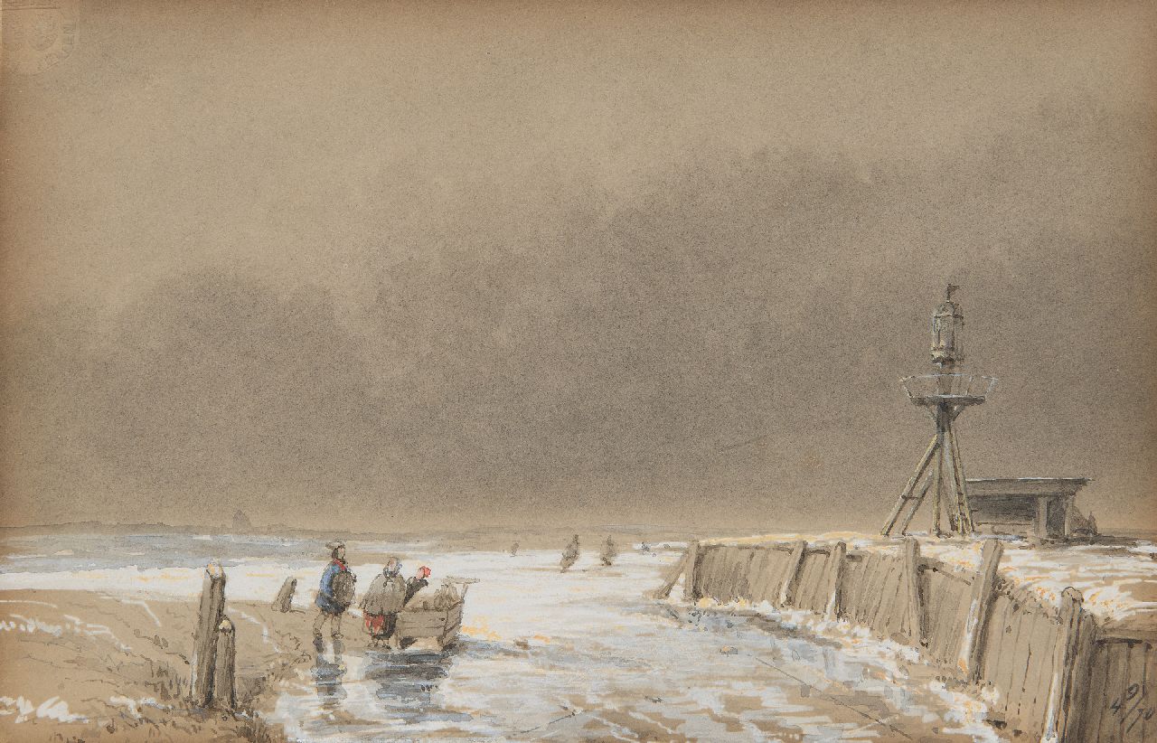 Naar Schelfhout A.  | Andreas Naar Schelfhout | Watercolours and drawings offered for sale | Firures on the ice by en beacon, ink and watercolour on paper 14.0 x 22.5 cm