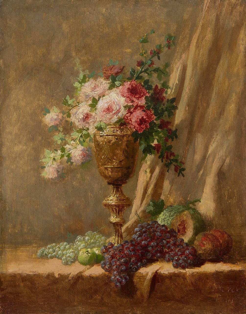 Hollandse Romantische School   | Hollandse Romantische School | Paintings offered for sale | Stilll life with roses in a copper goblet and fruit, oil on panel 27.0 x 21.3 cm