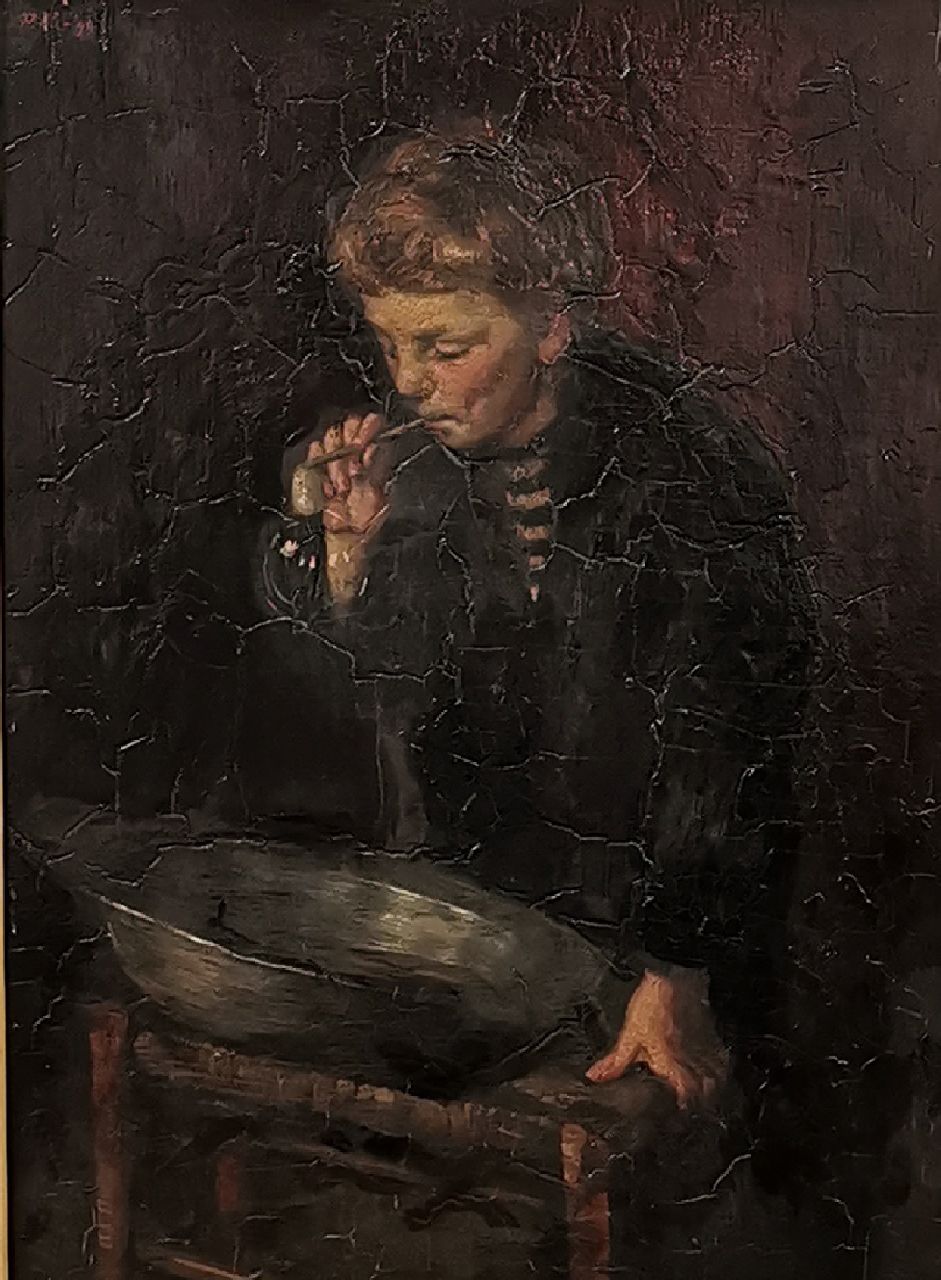 Poll D.H. van der | Daniël Herbert van der Poll | Paintings offered for sale | A boy blowing bubbles, oil on panel 40.2 x 32.2 cm, signed u.l. and dated '99