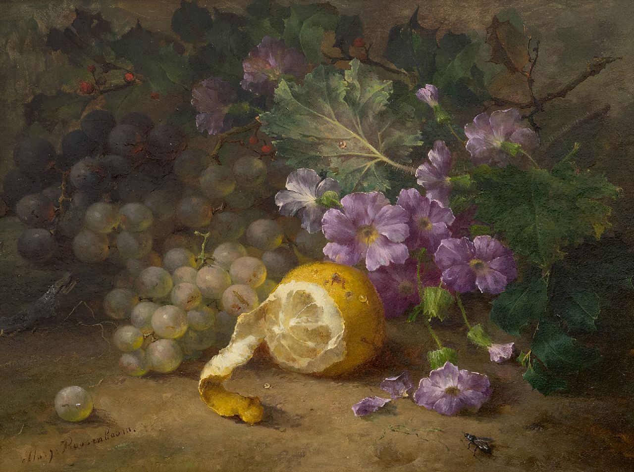 Roosenboom M.C.J.W.H.  | 'Margaretha' Cornelia Johanna Wilhelmina Henriëtta Roosenboom | Paintings offered for sale | Still life with grapes, a lemon and flowers on the forest floor, oil on panel 29.5 x 40.1 cm, signed l.l.