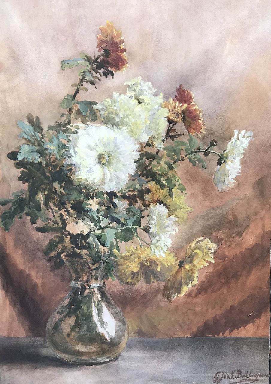 Sande Bakhuyzen G.J. van de | 'Gerardine' Jacoba van de Sande Bakhuyzen | Watercolours and drawings offered for sale | Chrysanthemums in a glass vase, watercolour on paper 51.5 x 36.3 cm, signed l.r.