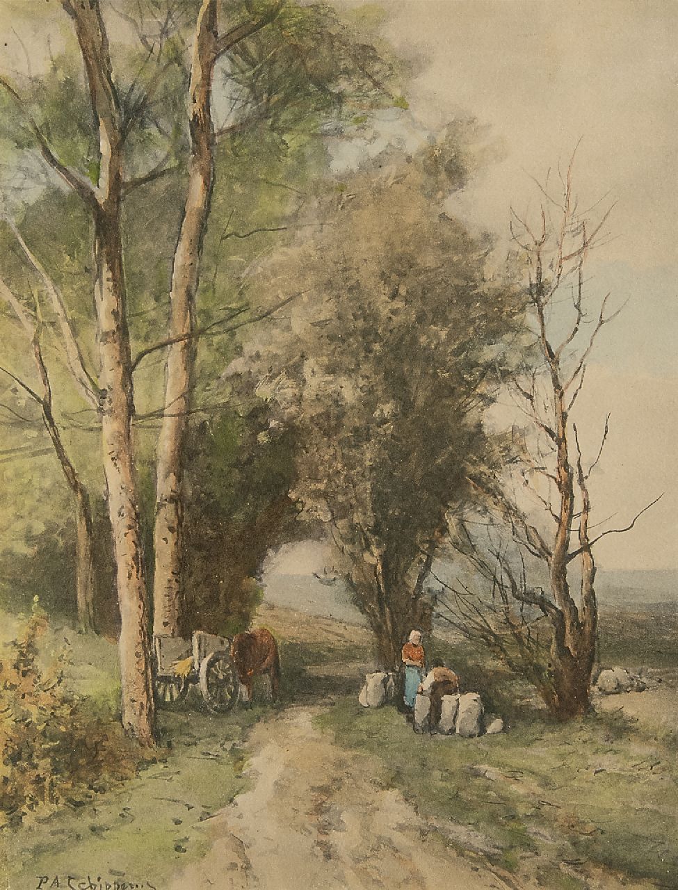 Schipperus P.A.  | Pieter Adrianus 'Piet' Schipperus, Country road with a farmers cart and figures, watercolour on paper 25.7 x 19.9 cm, signed l.l.