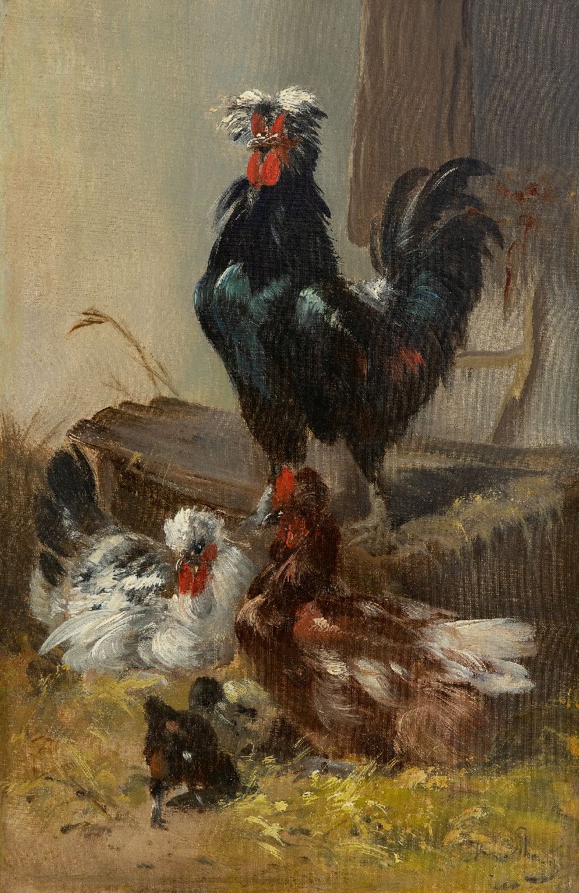 Schouten H.  | Henry Schouten | Paintings offered for sale | Black rooster with chickens, oil on canvas 60.2 x 40.3 cm, signed l.r.