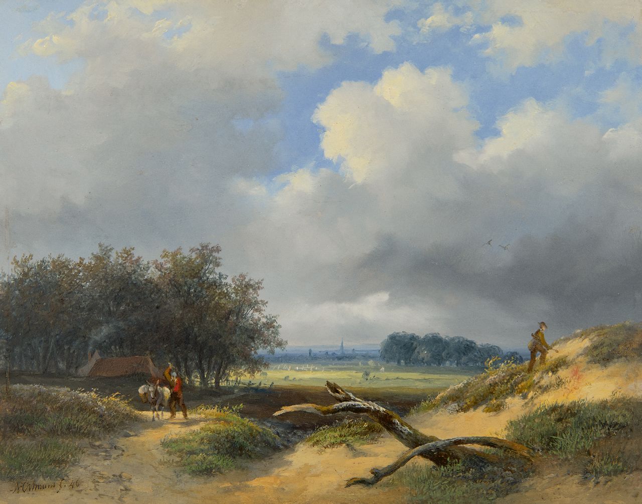François Auguste Ortmans | Valley landscape with hunter and farmer, oil on panel, 23.4 x 29.4 cm, signed l.l. and dated '46