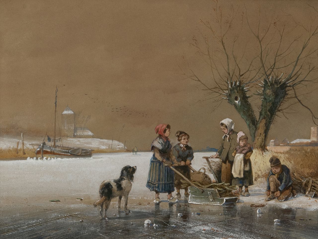 Smits J.G.  | Jan Gerard Smits, Children on a frozen river, watercolour and gouache on paper 26.5 x 35.5 cm