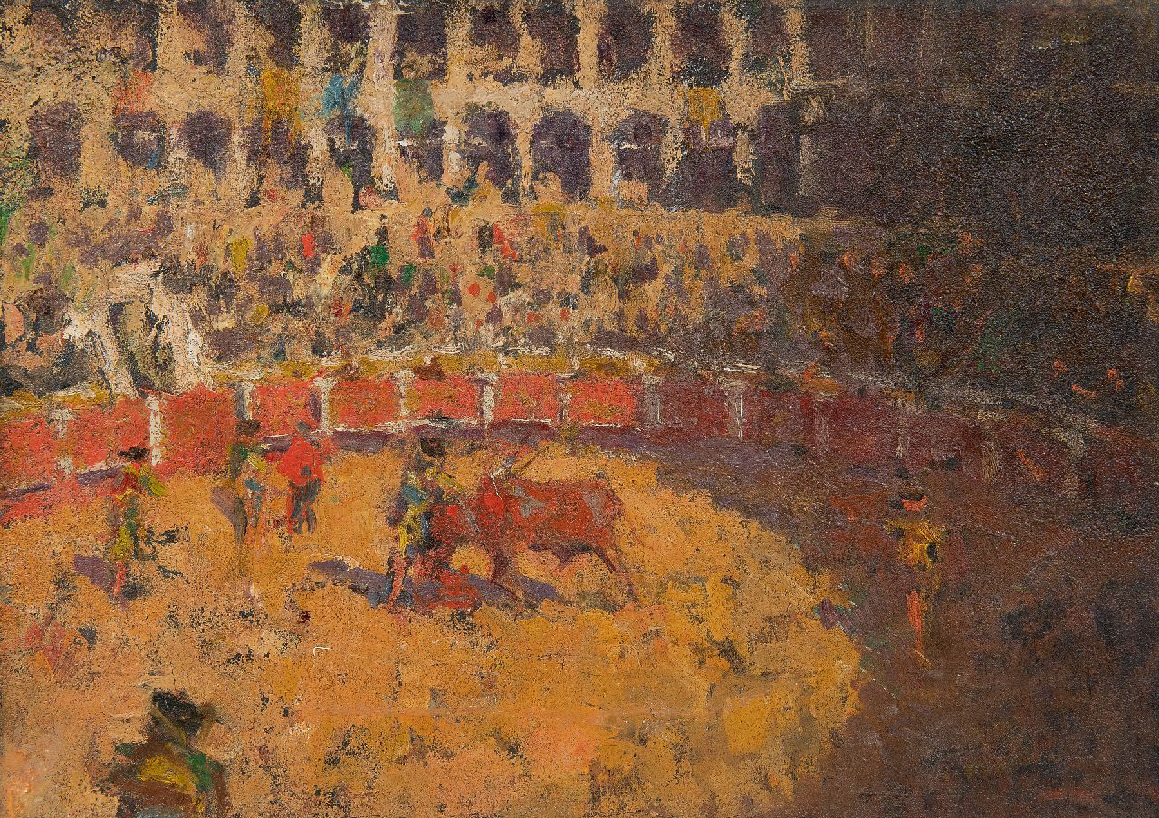 Europese School, begin 20e eeuw | Bullfight in the Arena Las Ventas, Madrid, oil on canvas, 24.5 x 34.3 cm, without frame