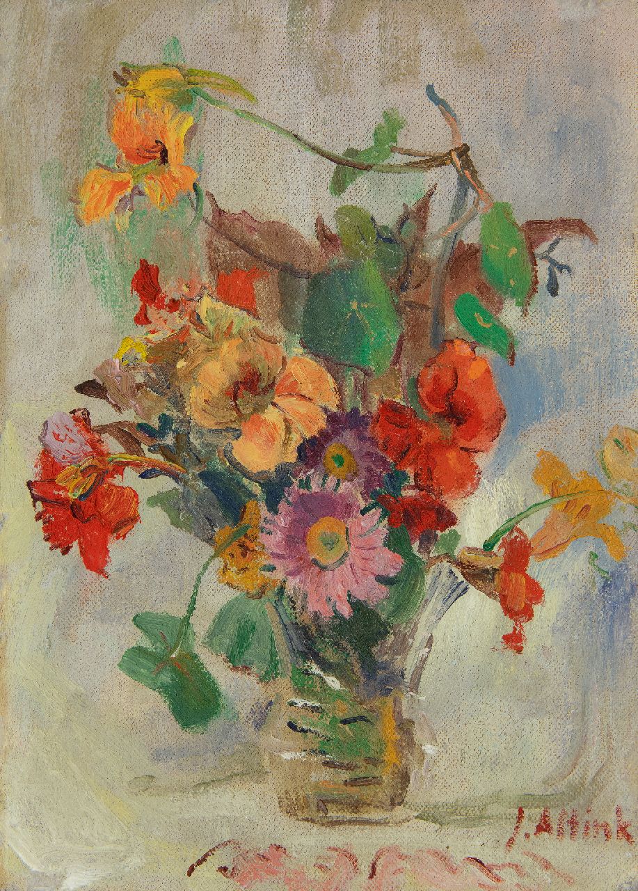 Altink J.  | Jan Altink, Summer flowers, oil on canvas laid down on board 39.5 x 28.3 cm, signed l.r.