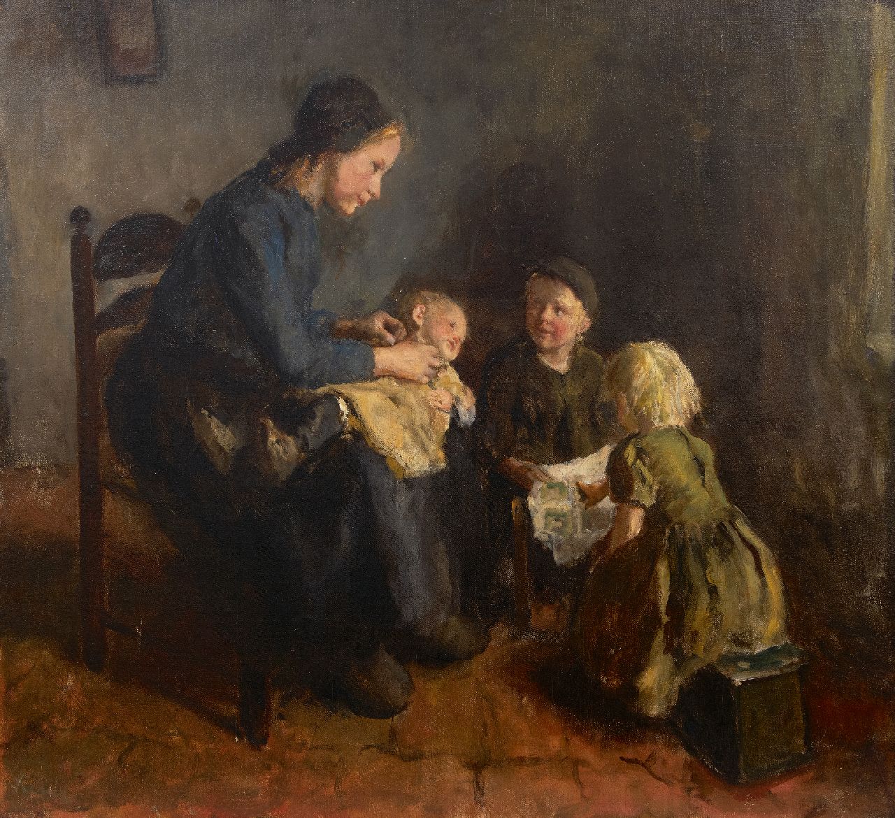 Kever J.S.H.  | Jacob Simon Hendrik 'Hein' Kever, A farm interior with a mother and her children, oil on canvas laid down on board 76.1 x 82.9 cm, signed l.l.