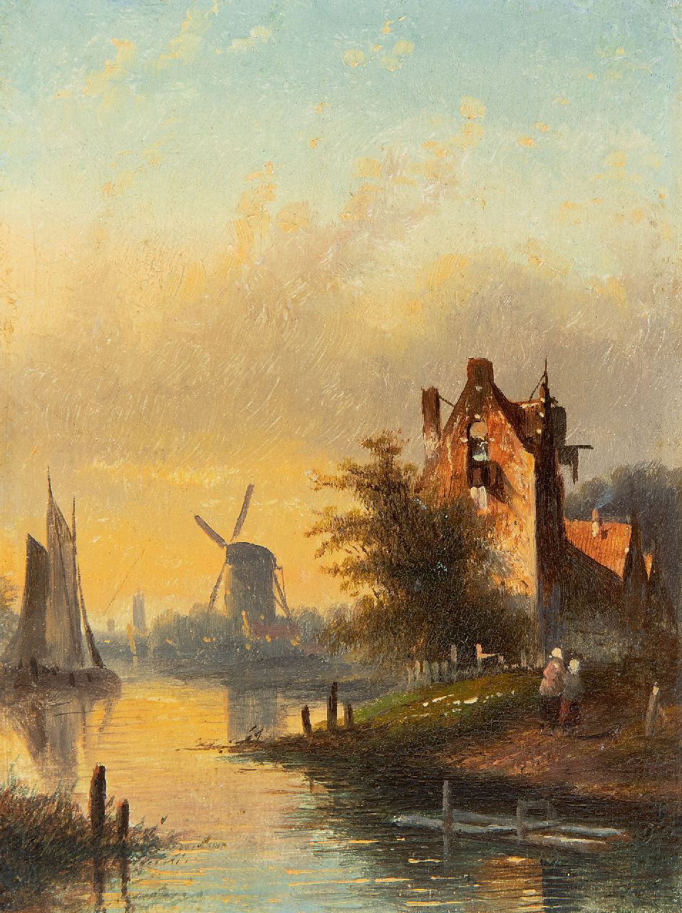 Spohler J.J.C.  | Jacob Jan Coenraad Spohler | Paintings offered for sale | River landscape with sailing ship, figures and windmill, oil on panel 16.0 x 11.9 cm