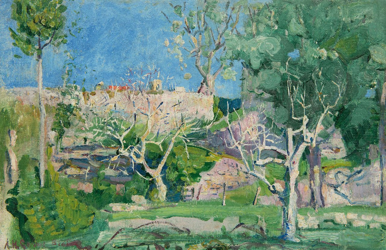 Gouwe A.H.  | Adriaan Herman Gouwe, A view of Biot (South of France), oil on canvas laid down on board 27.7 x 42.6 cm, signed l.l. and painted ca. 1919-1920