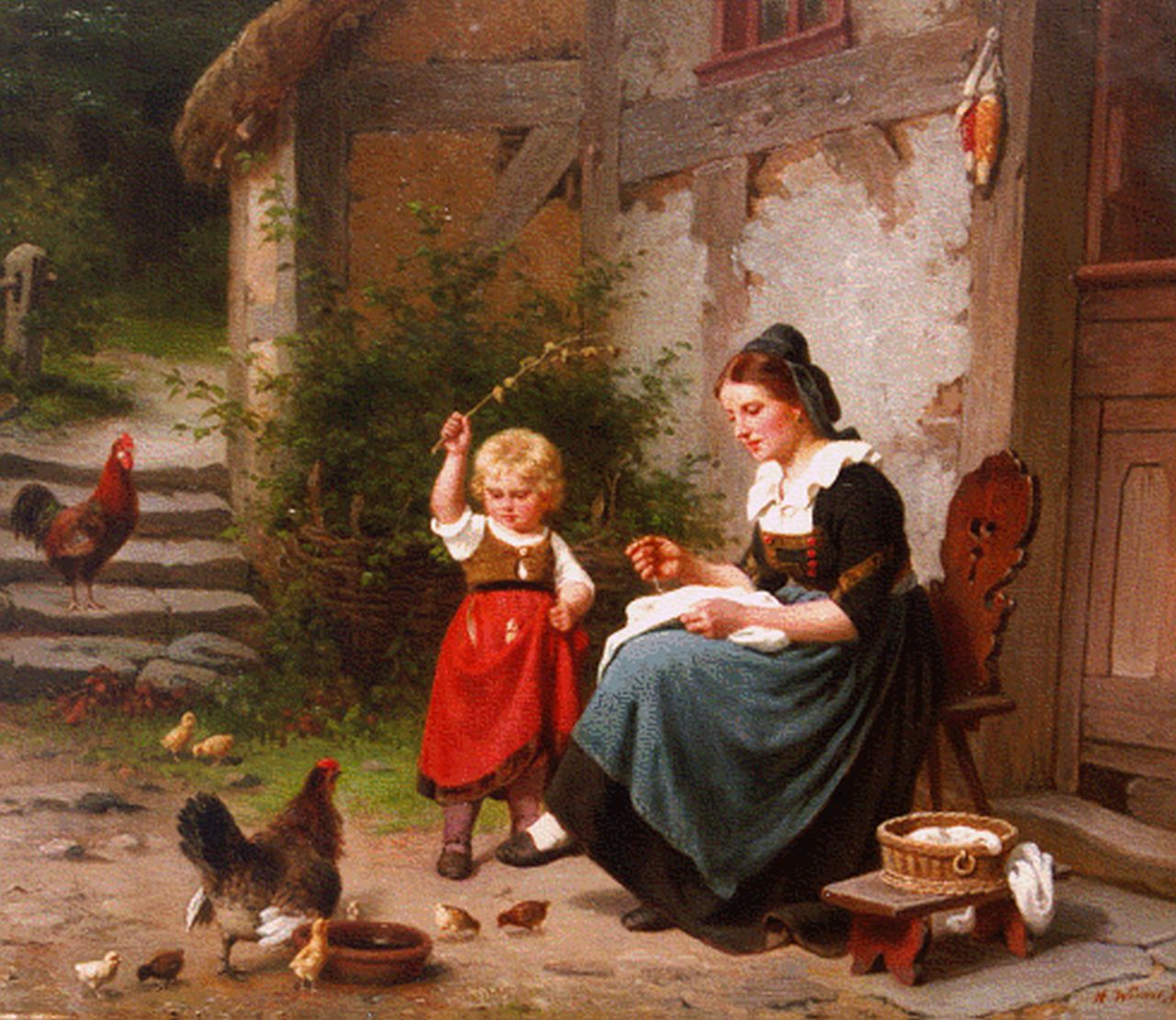 Hermann Werner | Mother and daughter on a yard, oil on canvas, 40.7 x 47.4 cm, signed l.r. and dated '74