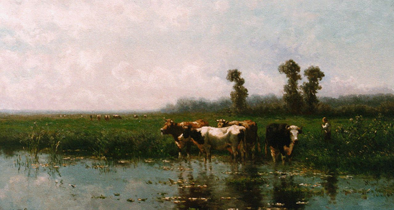 Vrolijk J.M.  | Johannes Martinus 'Jan' Vrolijk, Cows watering, oil on panel 51.0 x 90.0 cm, signed l.l. and dated '87