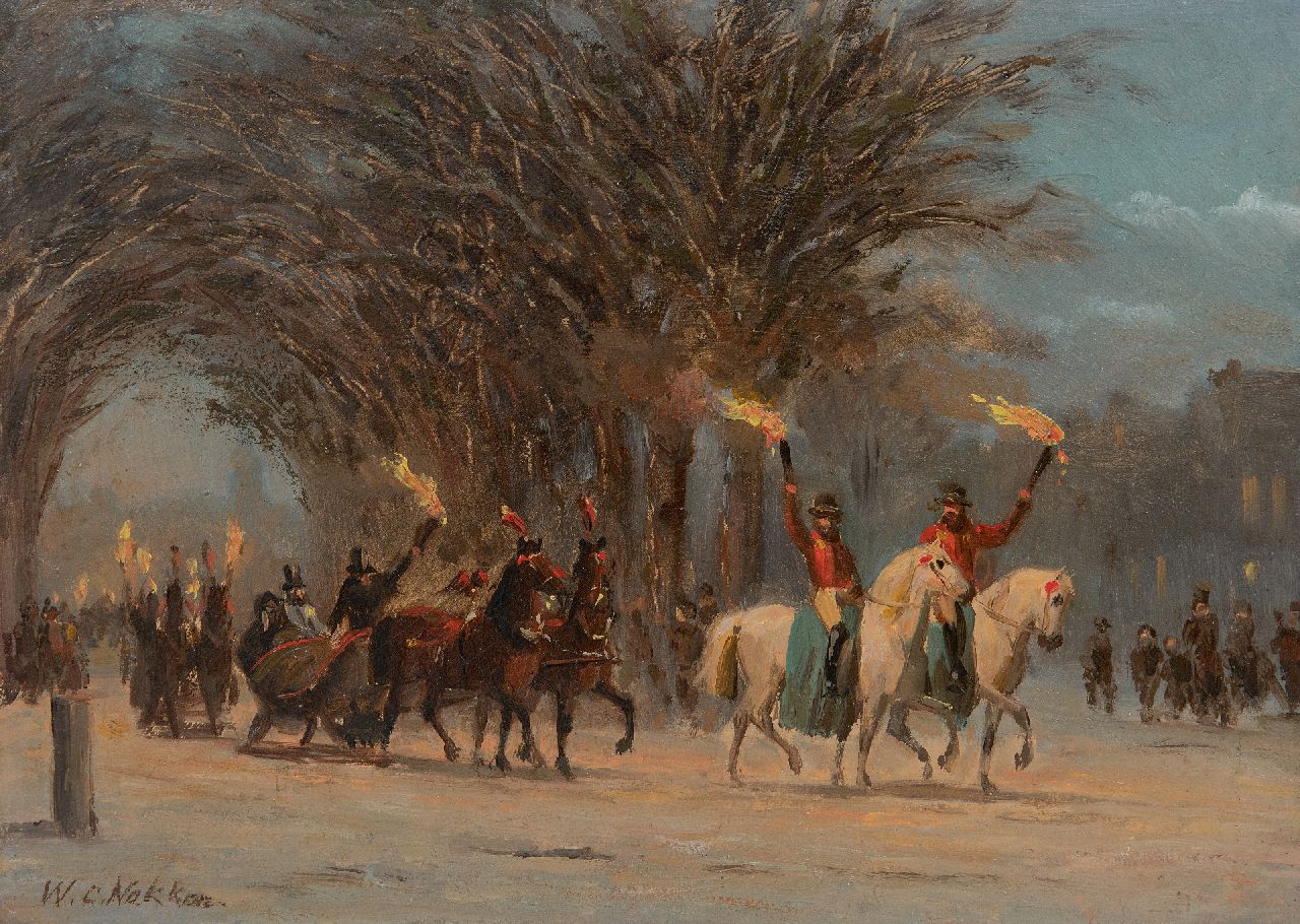 Nakken W.K.  | Willem Karel 'W.C.' Nakken | Paintings offered for sale | Winterly torchlight procession, oil on paper laid down on panel 23.2 x 32.2 cm, signed l.l.