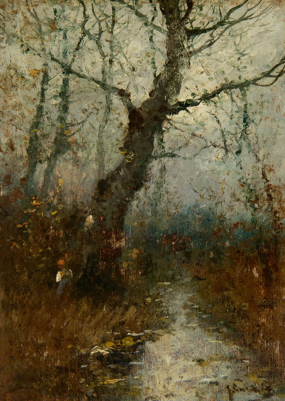 Jungblut J.  | Johann Jungblut | Paintings offered for sale | Figure in an autumn forest (pendant winter), oil on panel 16.2 x 11.7 cm, signed l.r.  J. Sander [pseudoniem]