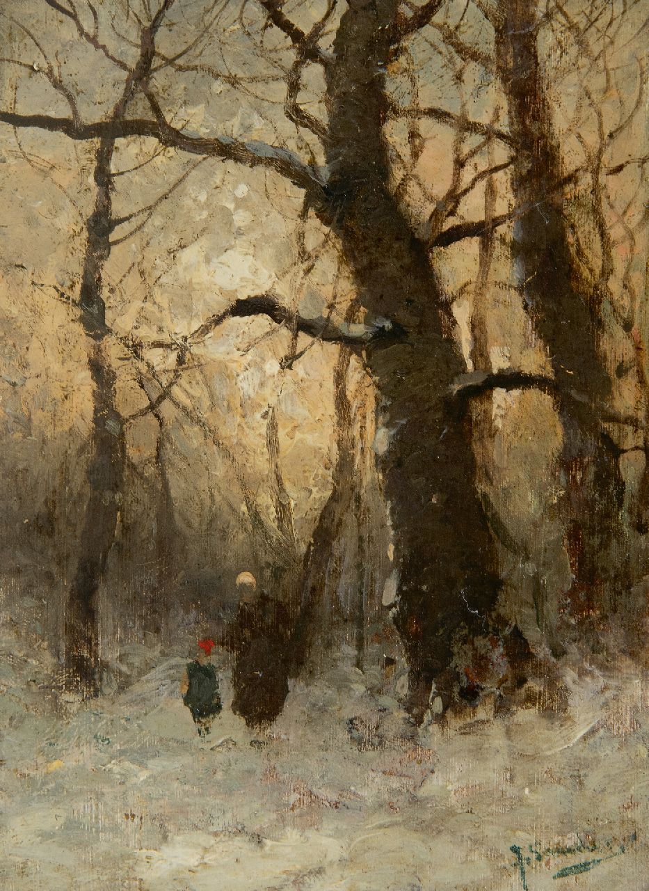 Jungblut J.  | Johann Jungblut | Paintings offered for sale | Figures in a snowy forest (pendant summer), oil on panel 16.1 x 11.8 cm, signed l.r. J. Sander [pseudoniem]