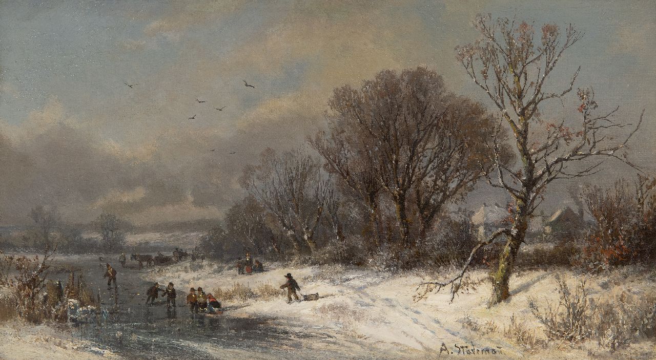 Stademann A.  | Adolf Stademann | Paintings offered for sale | Winter landscape with horse and cart and children on the ice, oil on canvas 31.0 x 56.0 cm, signed l.r.