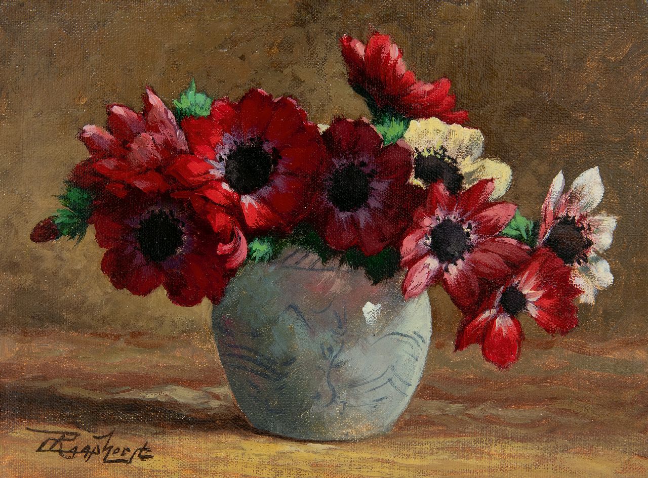 Raaphorst C.  | Cornelis Raaphorst, Anemones in an earthenware pot, oil on canvas laid down on panel 18.5 x 24.6 cm, signed l.l.