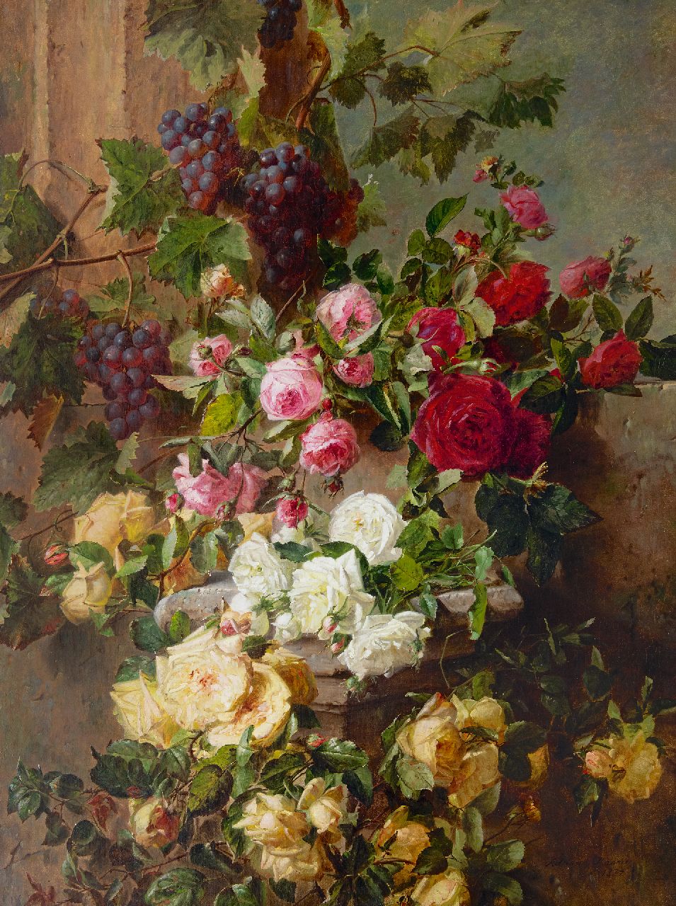 Haanen A.J.  | Adriana Johanna Haanen, Still life with roses and grapes, oil on canvas 101.6 x 76.5 cm, signed lr. and dated 1874