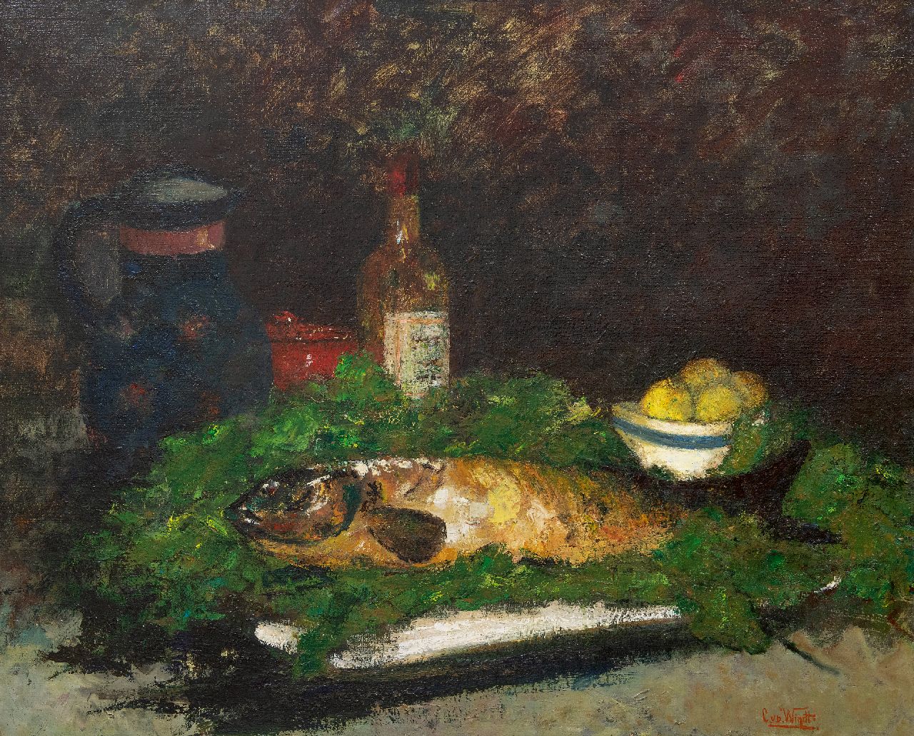 Windt Ch. van der | Christophe 'Chris' van der Windt | Paintings offered for sale | Still life with a fish, fruit and a wine bottle, oil on canvas 71.3 x 86.0 cm, signed l.r. and without frame