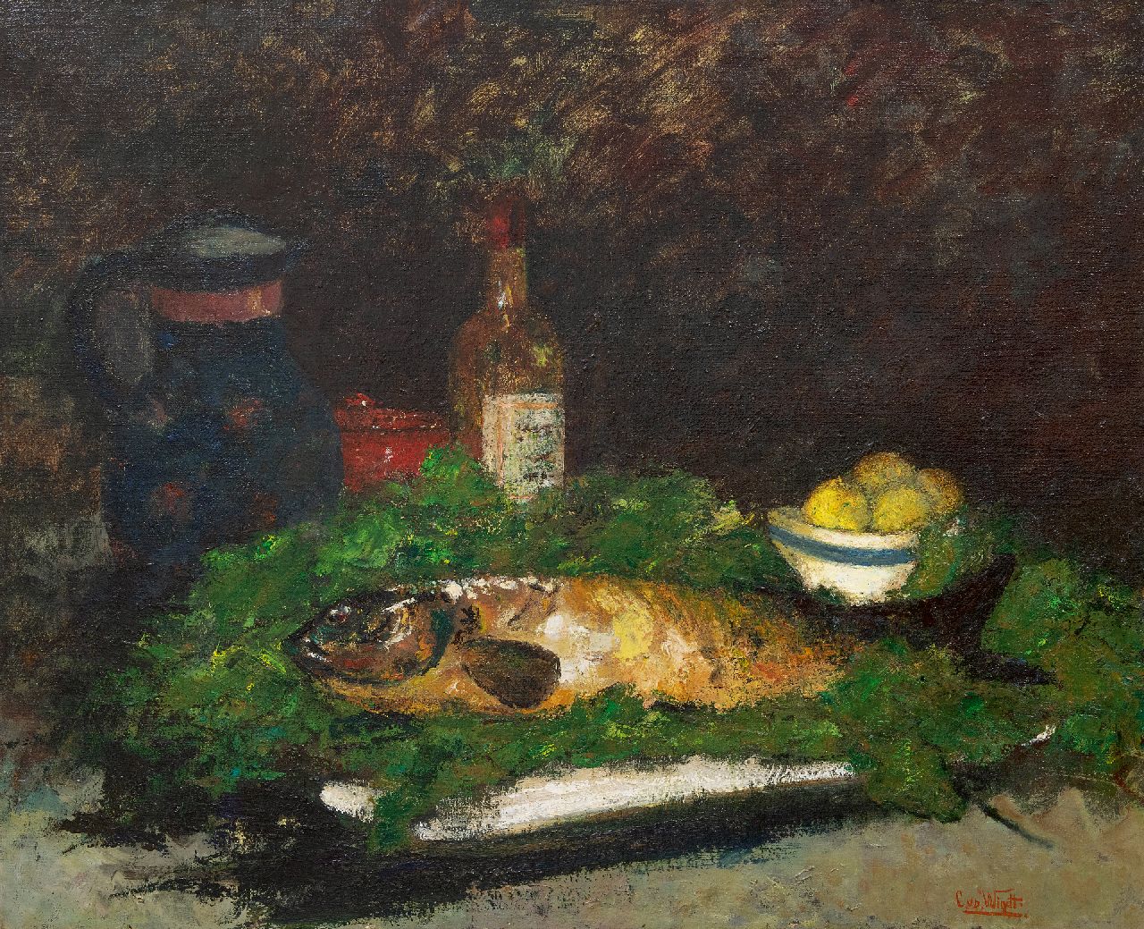 Windt Ch. van der | Christophe 'Chris' van der Windt | Paintings offered for sale | Still life with a fish, fruit and a wine bottle, oil on canvas 71.3 x 86.0 cm, signed l.r.