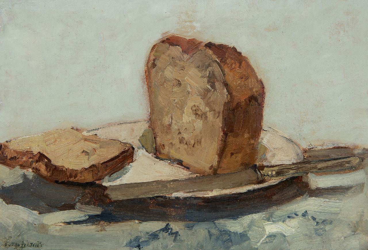 Windt Ch. van der | Christophe 'Chris' van der Windt, Still life with a sliced loaf, oil on painter's board 21.4 x 31.6 cm, signed l.l.