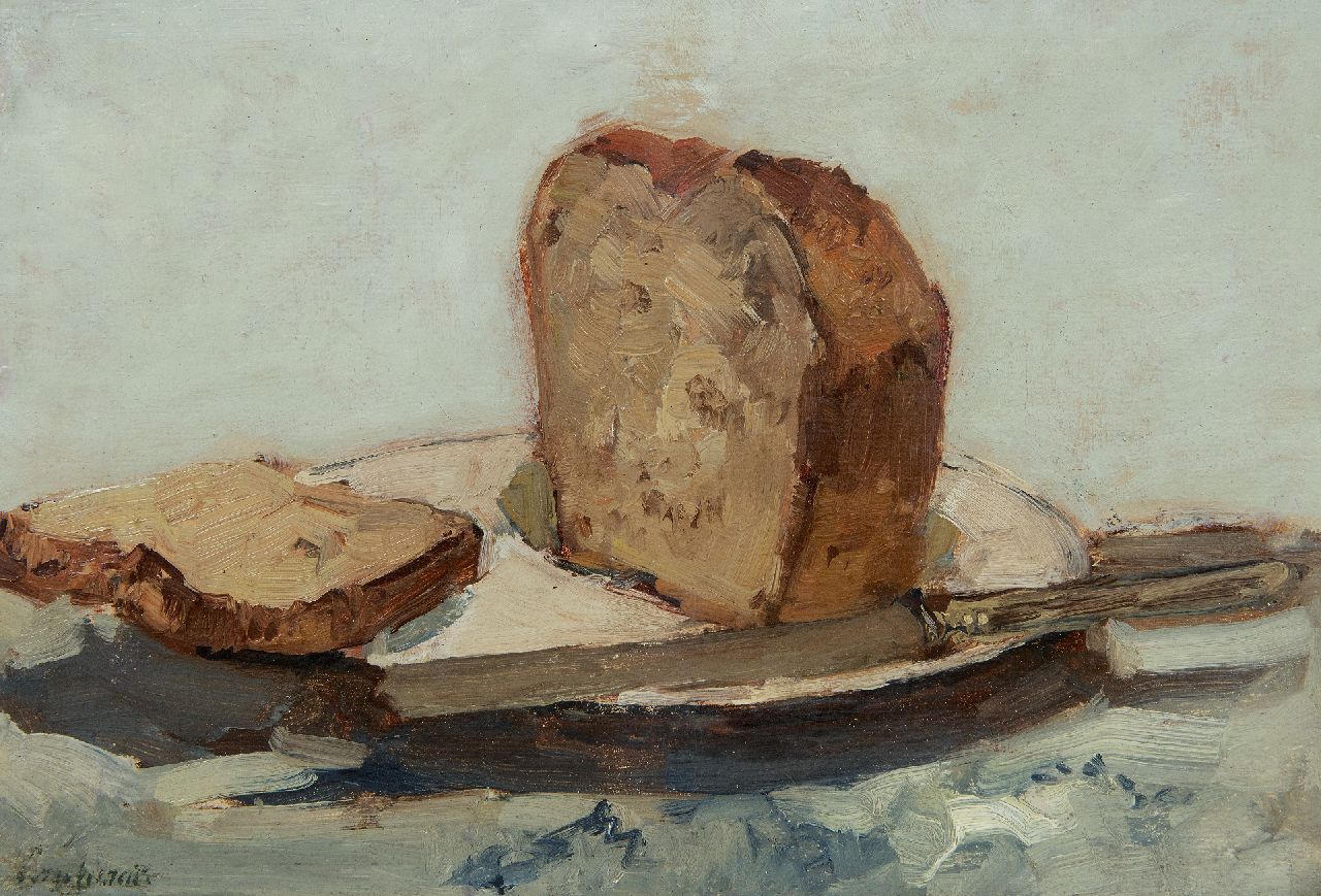 Windt Ch. van der | Christophe 'Chris' van der Windt, Still life with a sliced loaf of bread, oil on painter's board 21.4 x 31.6 cm, signed l.l.