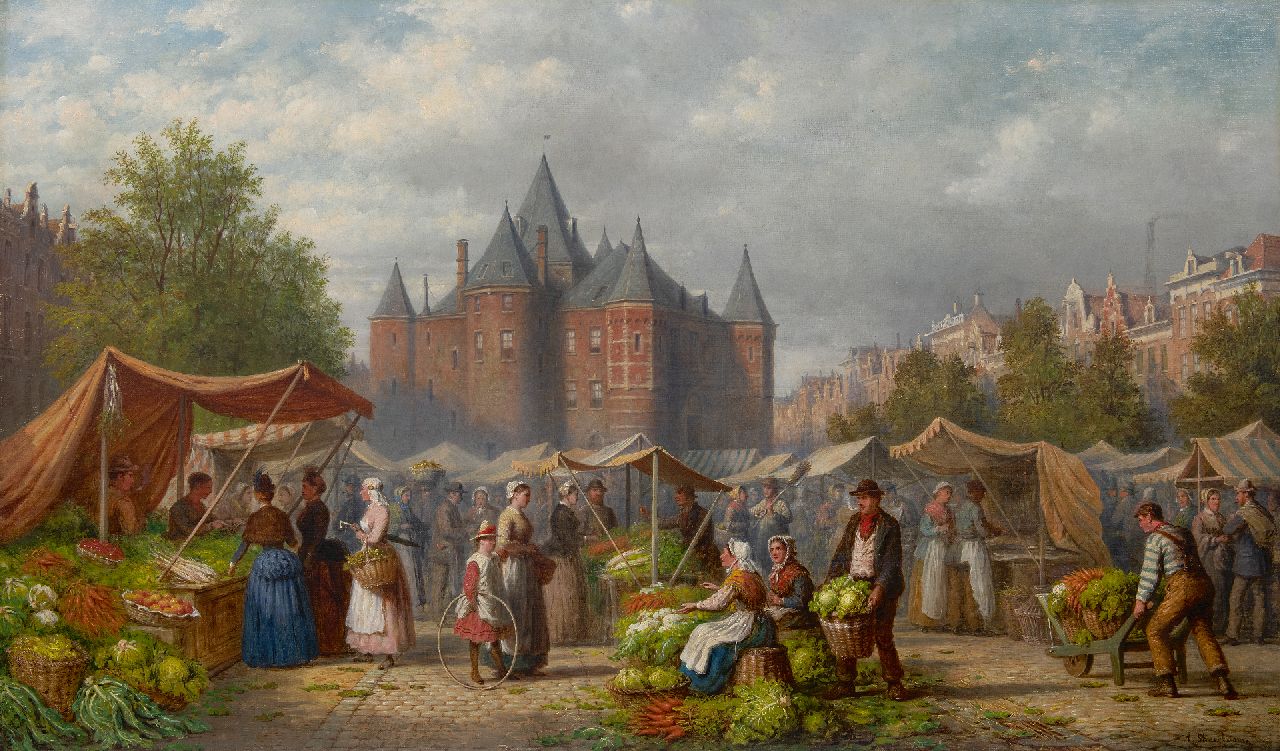 Scheerboom A.  | Andries Scheerboom | Paintings offered for sale | Vegetable market at the Waag in Amsterdam, oil on canvas 76.3 x 127.4 cm, signed l.r.