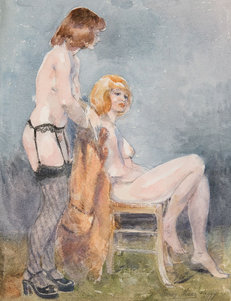 Maas H.F.H.  | Henri Frans Hubert 'Harry' Maas | Watercolours and drawings offered for sale | Standing and sitting nude, watercolour on paper 51.7 x 38.8 cm, signed l.r. and dated 1977