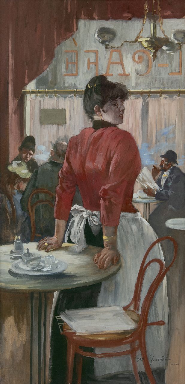 Janssen G.  | Gerhard Janssen | Watercolours and drawings offered for sale | In the cafe, gouache on board 74.4 x 36.5 cm, painted ca. 1887-1888