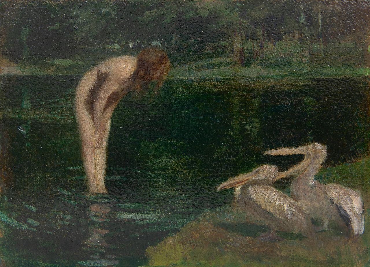 Walter Geffcken | Encounter on the lakeside, oil on board laid down on panel, 20.9 x 28.1 cm, signed l.l.