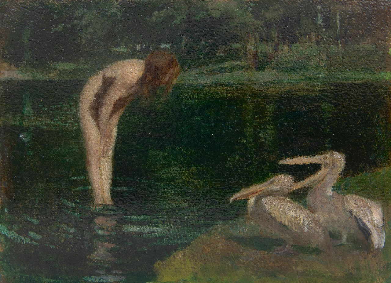 Geffcken W.  | Walter Geffcken | Paintings offered for sale | Encounter on the lakeside, oil on board laid down on panel 20.9 x 28.1 cm, signed l.l.