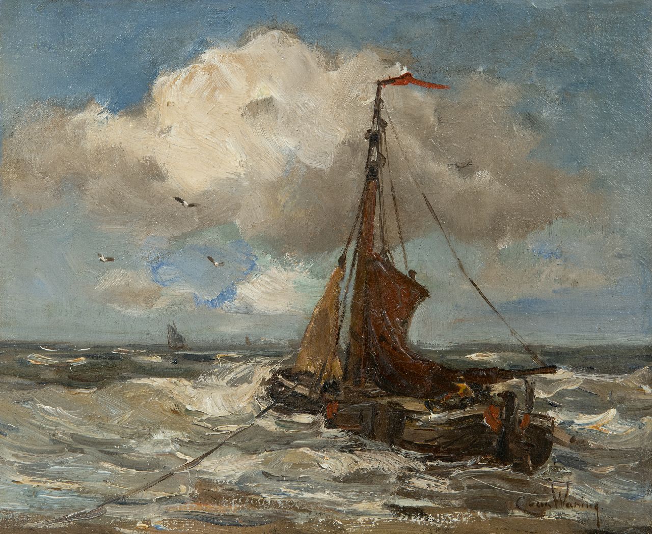 Kees van Waning | Fishing barge moored in the surf, oil on canvas, 25.2 x 31.0 cm, signed l.r.