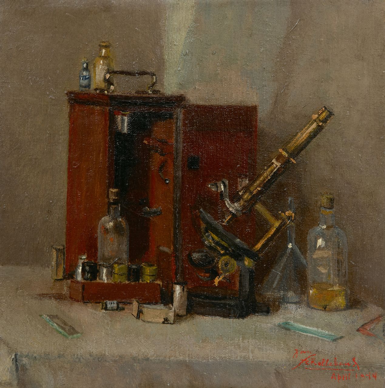 Jan Schellekens | Still life of pharmacy instruments, oil on canvas, 25.0 x 25.0 cm, signed l.r. and dated April 1944