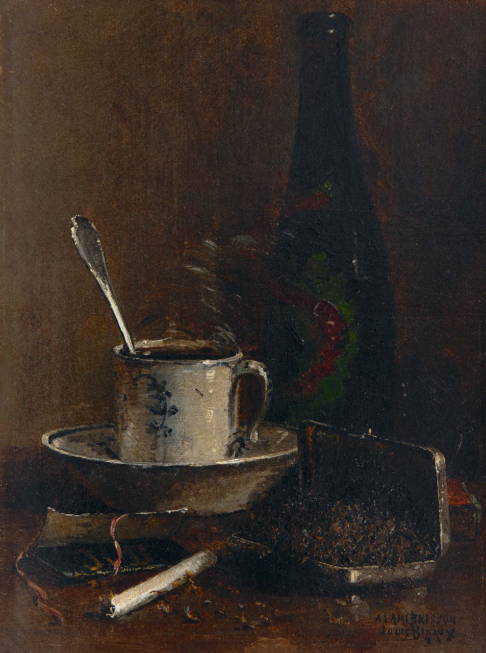 Louis Bigaux | Still life with tobacco box, cigarette and cup and saucer, oil on canvas, 32.4 x 24.6 cm, signed l.r.