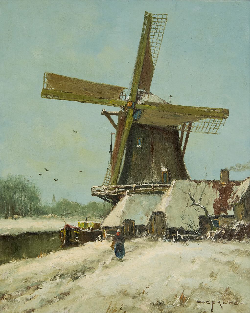 Nefkens M.J.  | Martinus Jacobus Nefkens | Paintings offered for sale | A windmill in a snowy landscape, oil on canvas 50.3 x 40.3 cm, signed l.r.
