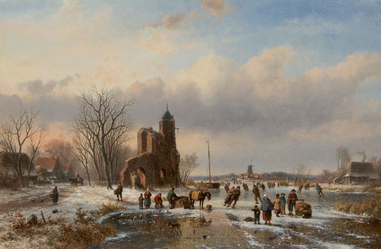 Vester W.  | Willem Vester, Skaters on the ice near a castle ruin, oil on canvas 82.1 x 124.8 cm, signed l.l.