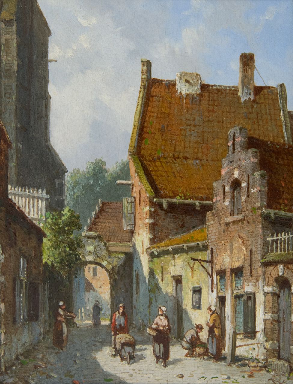 Eversen A.  | Adrianus Eversen, A sunny street behind the church, oil on panel 19.1 x 14.9 cm, signed l.r. with monogram and on the reverse in full