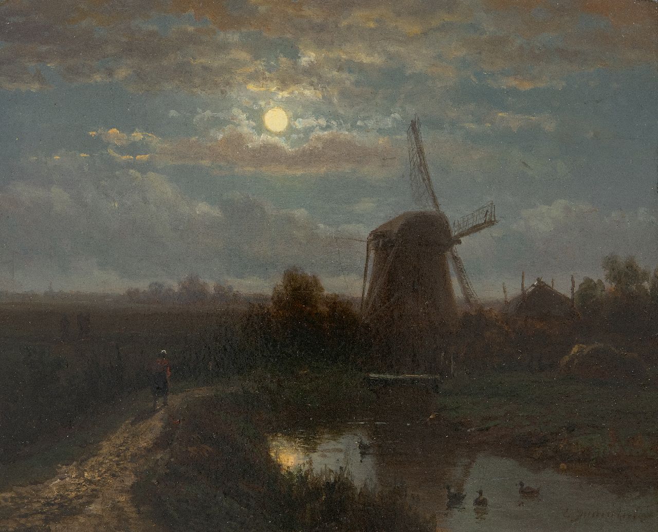 Immerzeel C.  | Christiaan Immerzeel | Paintings offered for sale | Moonlit landscape with a windmill, oil on panel 21.0 x 26.0 cm