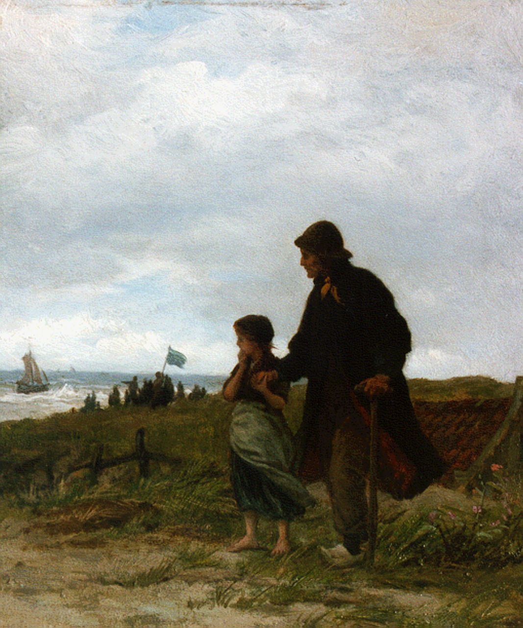 Sadée P.L.J.F.  | Philip Lodewijk Jacob Frederik Sadée, Awaiting the fleet, oil on panel 24.8 x 20.0 cm, signed l.r.