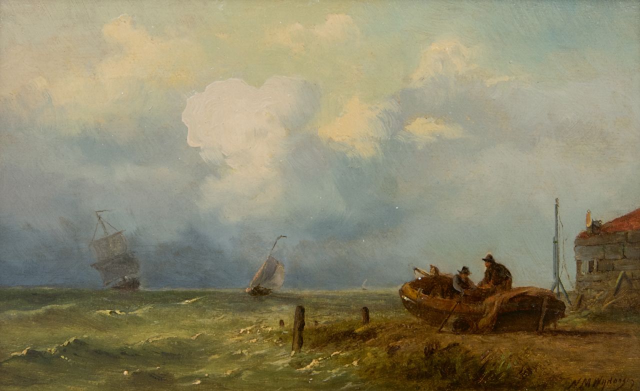 Wijdoogen N.M.  | Nicolaas Martinus Wijdoogen, Fisherman at work along a shoreline, oil on panel 17.8 x 28.3 cm, signed l.r.