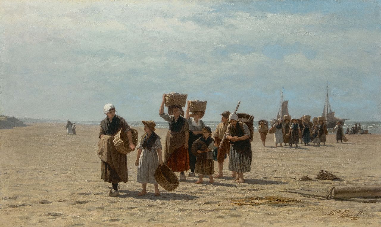 Sadée P.L.J.F.  | Philip Lodewijk Jacob Frederik Sadée, Bringing in the catch, Scheveningen, oil on canvas 80.8 x 130.3 cm, signed l.r.