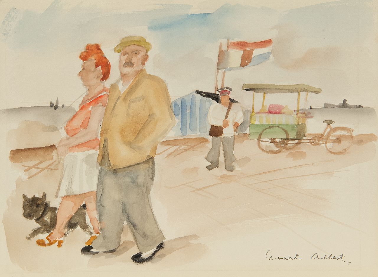 Albert E.  | Ernest Albert | Watercolours and drawings offered for sale | Couple with dog on the boulevard, watercolour on paper 26.0 x 35.0 cm, signed l.r.