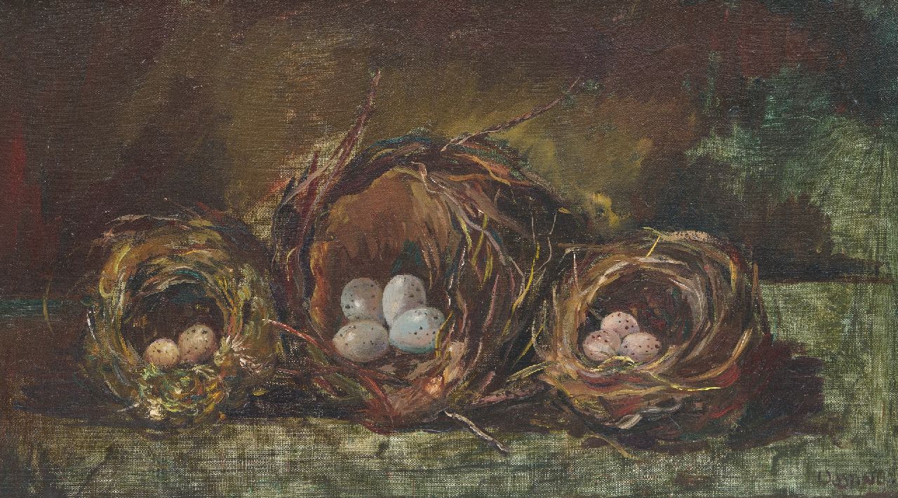 Bieruma Oosting A.J.W.  | Adriana Johanna Wilhelmina 'Jeanne' Bieruma Oosting, Three bird's nests, oil on canvas 27.2 x 46.3 cm, signed l.r. and painted ca. 1922