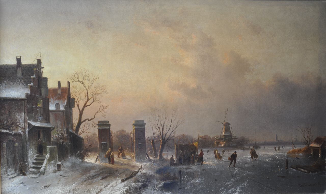 Leickert C.H.J.  | 'Charles' Henri Joseph Leickert, Skaters and a 'koek-en-zopie' by a tollgate, oil on canvas 51.3 x 85.3 cm, signed l.r.