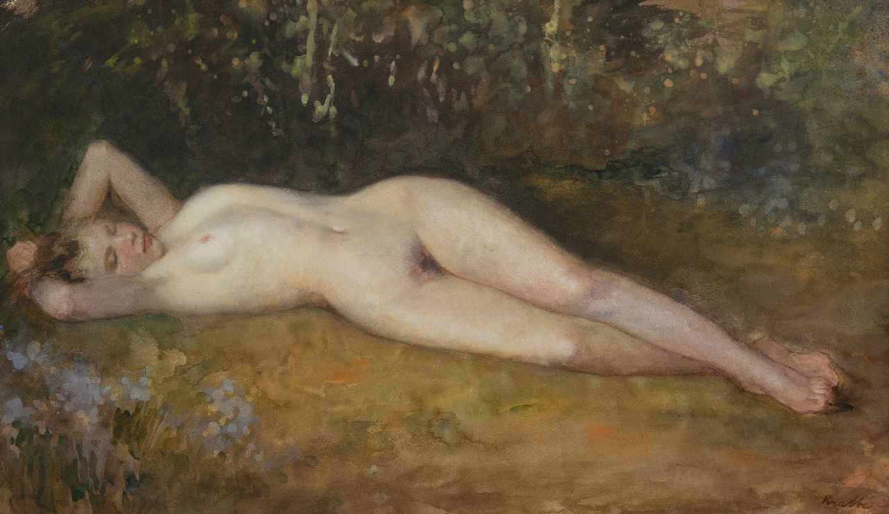 Heinrich Martin Krabbé | Reclining nude in a forest, watercolour on paper laid down on board, 51.9 x 88.5 cm, signed l.r.