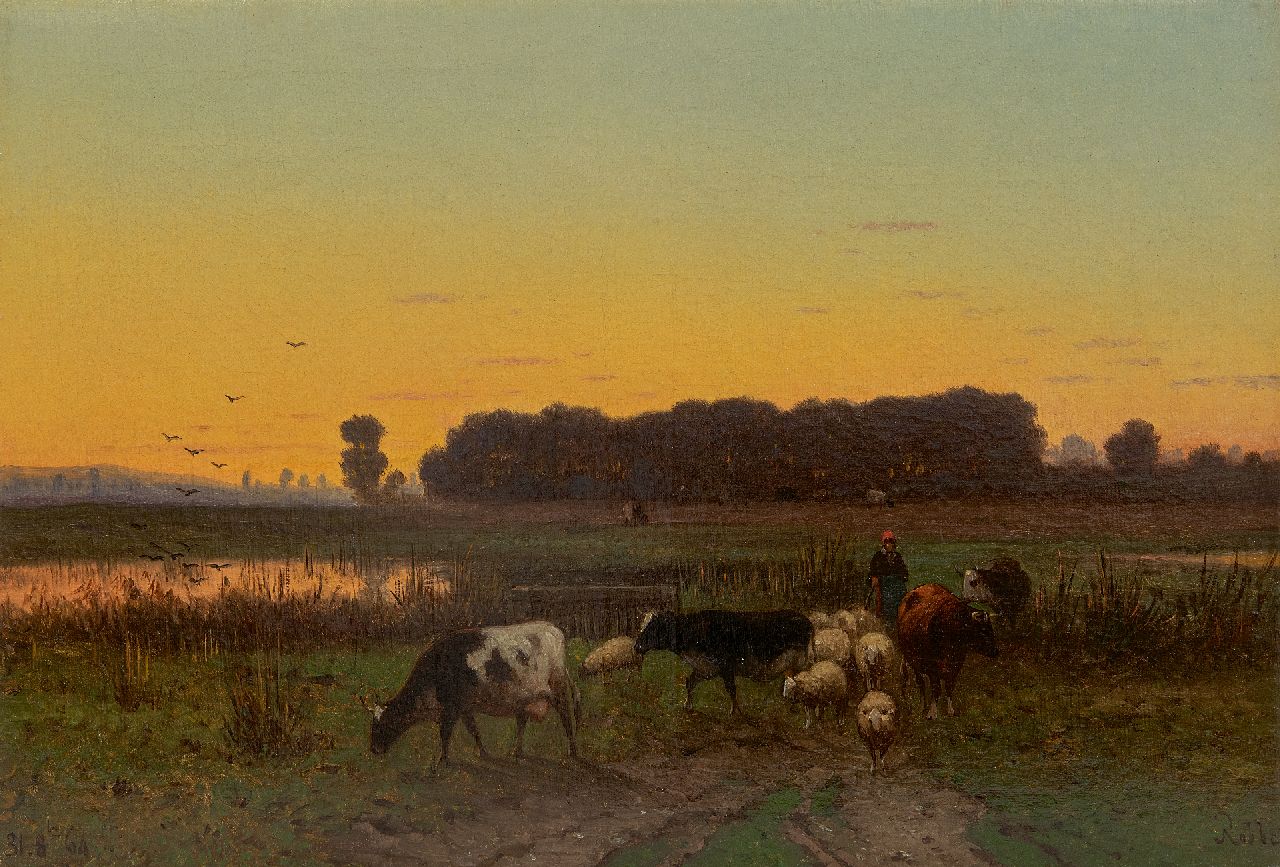 Henri Alexander Robbe | Shepherdess and cattle on their way home, oil on canvas, 34.1 x 49.8 cm, signed l.r.