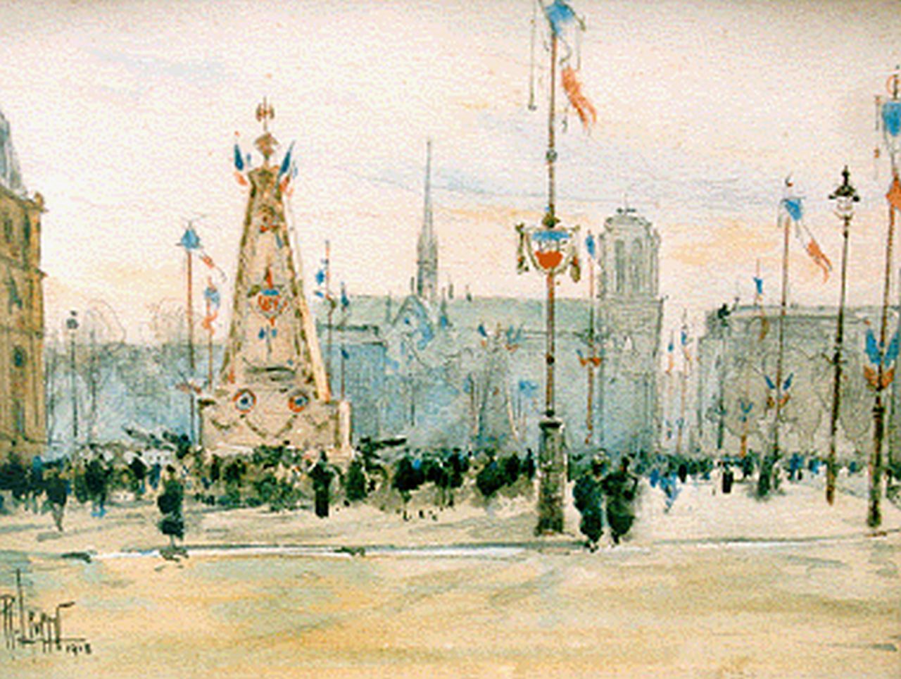 Leverd R.  | René Leverd, Hotel de Ville, Paris, mixed media on paper 14.0 x 18.5 cm, signed l.l. and dated 1918