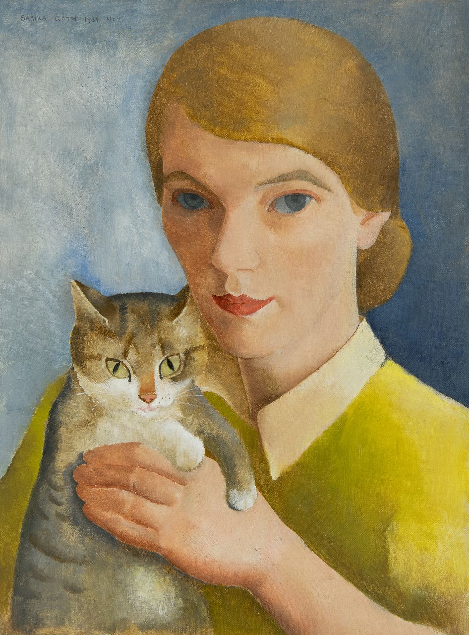 Góth C.  | Charlotte 'Sarika' Góth, Self-portrait with cat, oil on canvas 40.0 x 30.2 cm, signed u.l. and dated nov. 1934