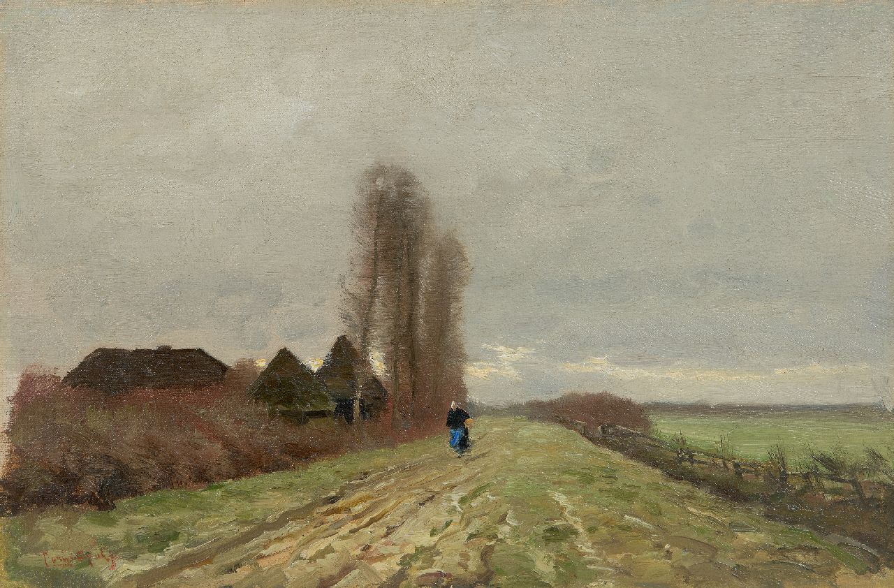 Apol L.F.H.  | Lodewijk Franciscus Hendrik 'Louis' Apol | Paintings offered for sale | Peasant woman on a country path, oil on canvas laid down on panel 30.2 x 45.5 cm, signed l.l.